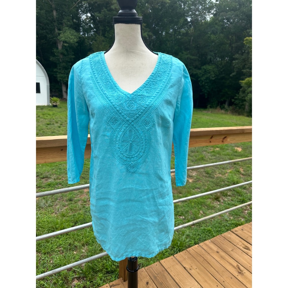 Tommy Bahama Womens XS Turquoise Blue 100% Linen Embroidered Tunic Top
